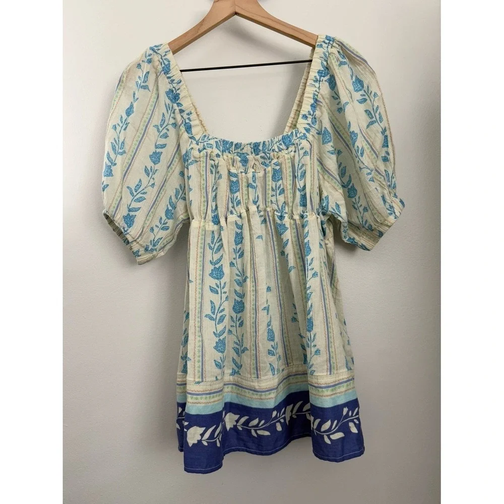 Free People XS NWOT Santorini Tunic Puff Sleeve Floral Relaxed Boho Cottage